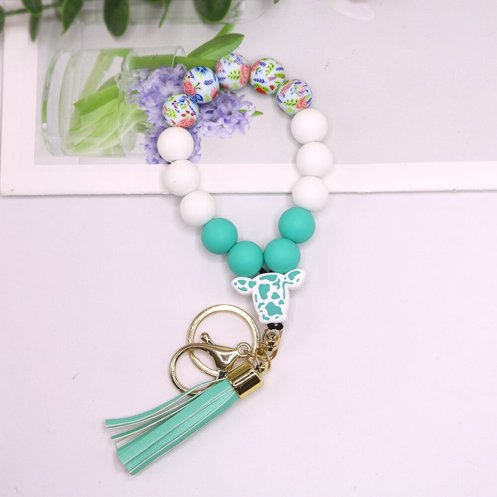 Wholesale Color Cow Silicone Beaded Tassel Wrist Keychain